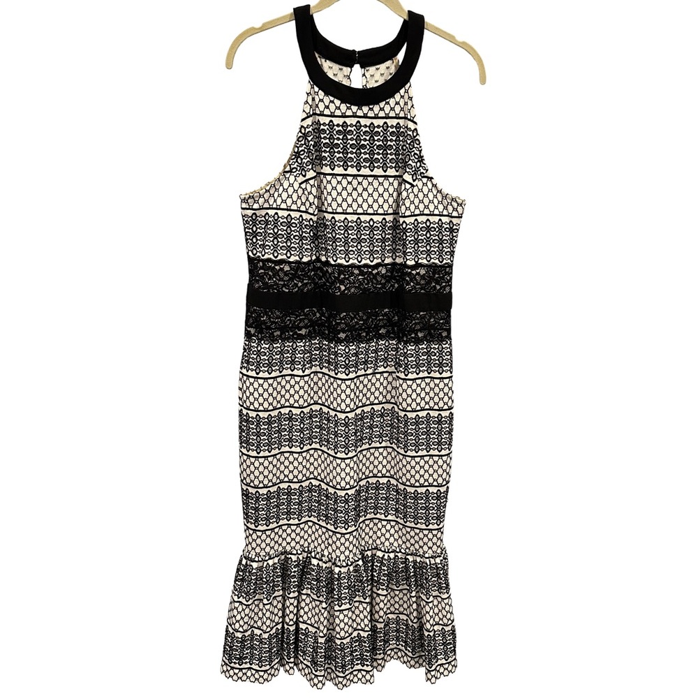 H by Halston Black and Cream Lace Ruffled‎ Midi Dress